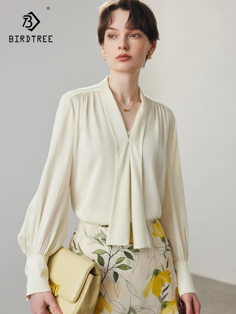 BirdTree, 6A 19MM 90%Natural Silk Elegant Shirt, Women V Neck Ribbon, French Commute Solid Blouse, 2024 Summer Autumn T49441CC