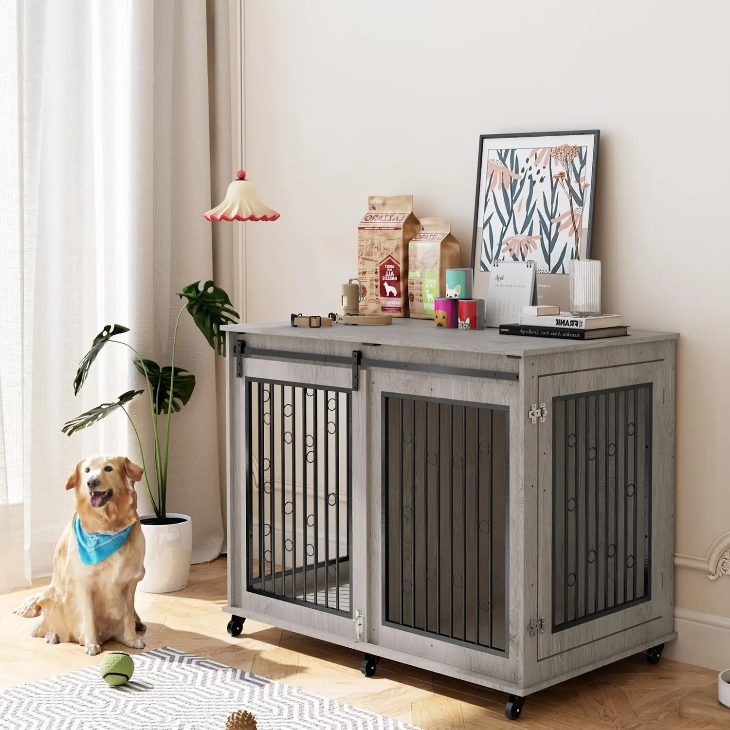 

Large Dog Crate Furniture, 47" Wooden Dog Kennel with Sliding Barn Door, Flip-Top Lid & Wheels, Indoor Pet Crate