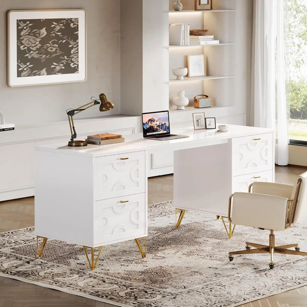 White administrative desk 59, modern white and gold desk with 4 file drawers, luxurious writing desk, elegant computer office