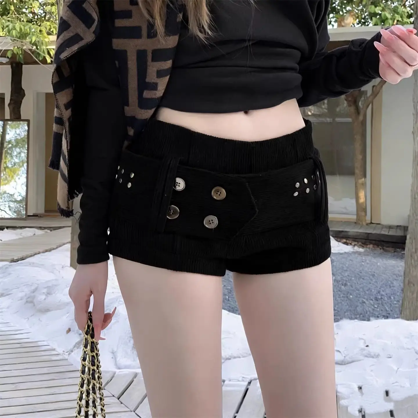 Retro Spice Girl Corduroy Belt Women's High Waist Slim Skinny Hip Wrap Hot Pants Shorts