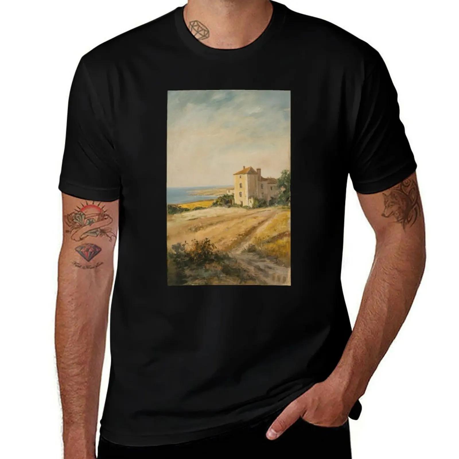 

Rustic Charm: Serene French Countryside T-Shirt sports fans anime stuff cute tops workout shirts for men