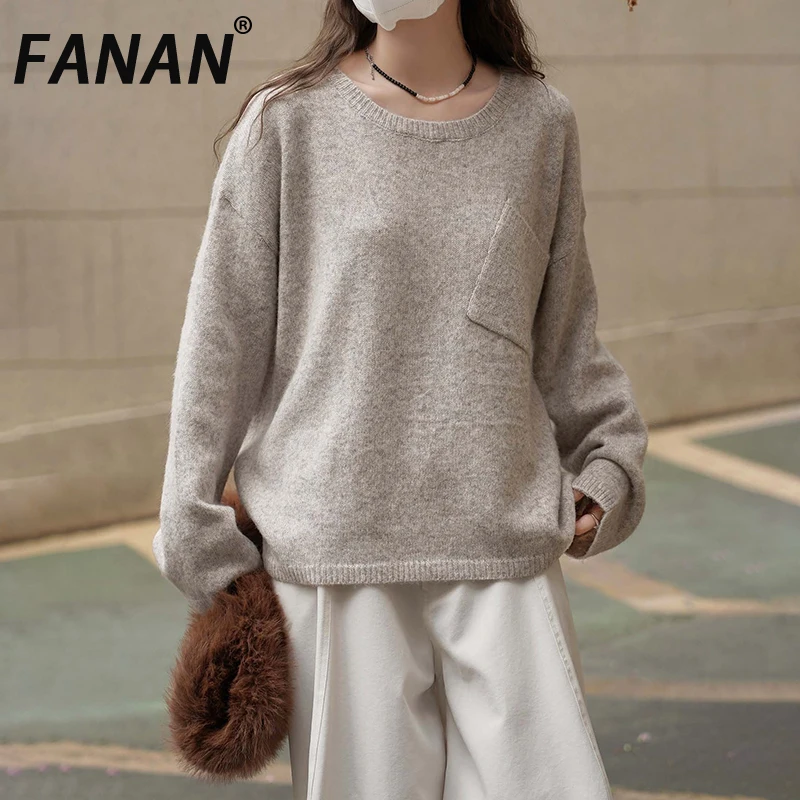 

FANAN Дизайнерский вязаный пуловер с карманами, свитер для женщин, с круглым вырезом и длинными рукавами, повседневные свободные теплые топы, мода, новинка осени 2023 г.