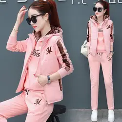 Women 3 Three Pieces Sets Autumn Winter Sweat Suit Sports Suit Hooded Jacket Trouser Vest Fleece Thickened Woman Clothing Trend