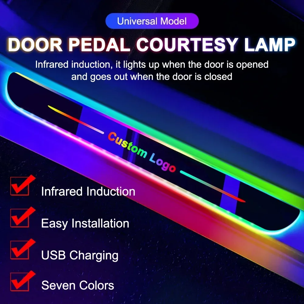 New Customized Car Door Threshold Sill Strip Light Logo Lamp Free Wiring LED RGB Welcome Scuff Plate Decorative Pedal Light