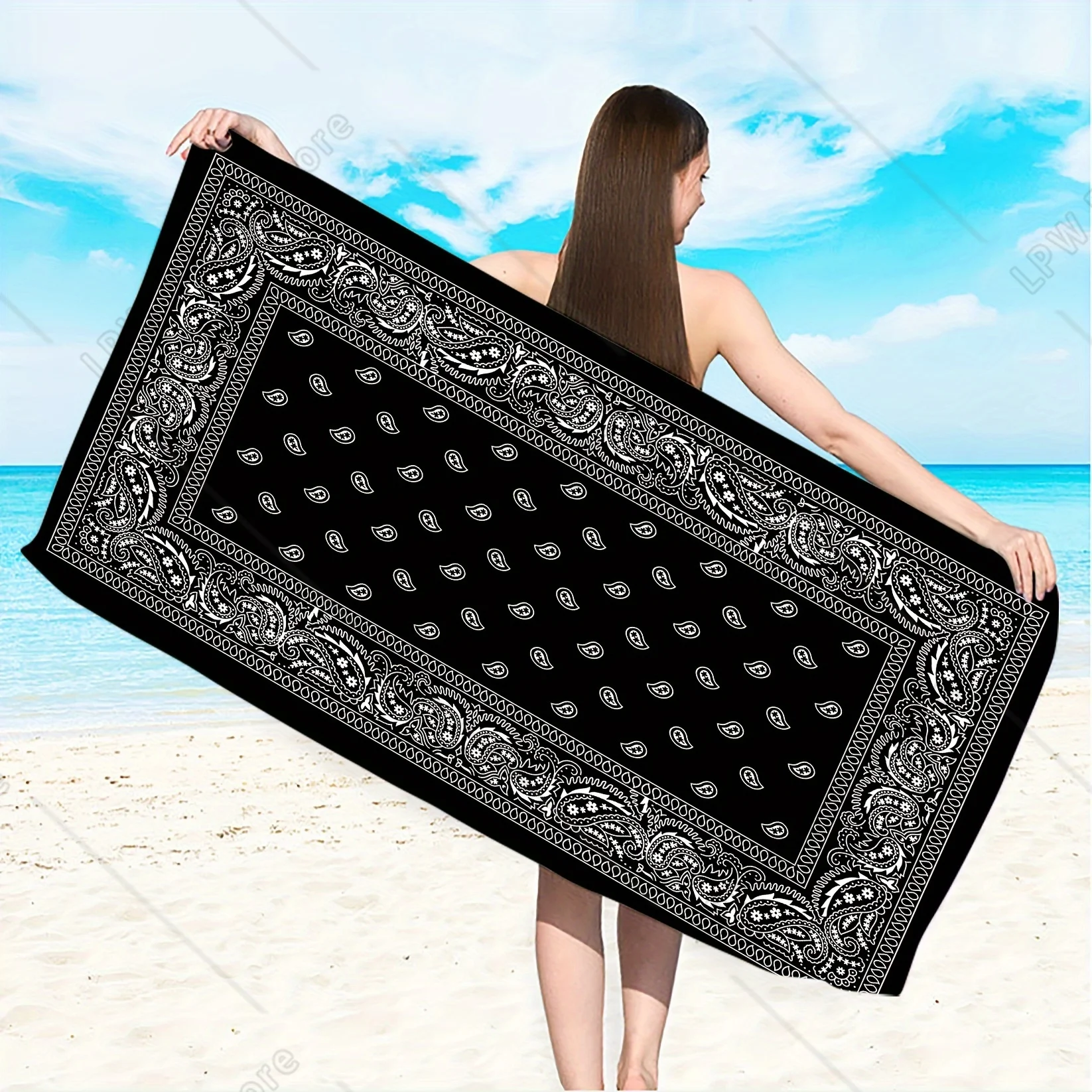 Black Background White Paisley Pattern Beach Towel
