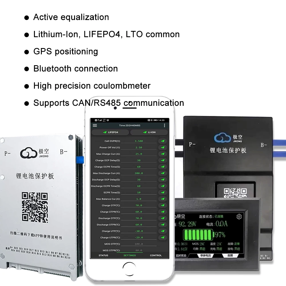 EU Stock JK BMS LiFePO4 Battery 4S 8S 12S 20S 24S BMS 100A-200A Lithium iron phosphate 18650 lithium battery LTO Smart BMS