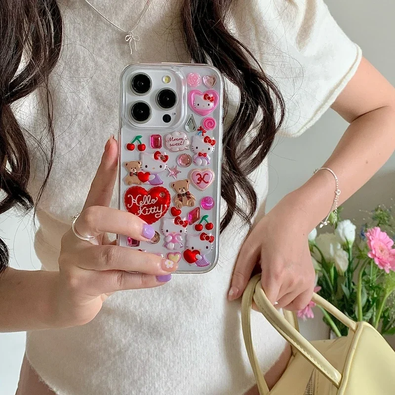 3D Cute Cartoon Sanrio Y2K Hello Kitty Sticker Bling Glitter Phone Case For iPhone 16 15 14 13 12 11 Pro Max Transparent Cover