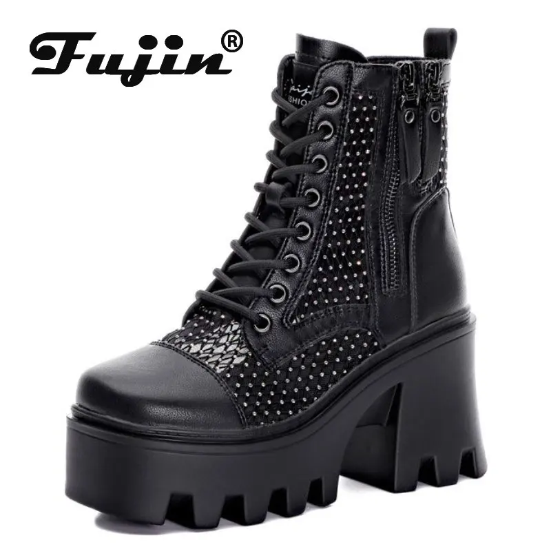 

Fujin 9cm NEW Air Mesh Round Toe Ankle Boots British Mid Calf Platform Wedge Genuine Leather ZIP Summer Hollow Women Boots Shoes