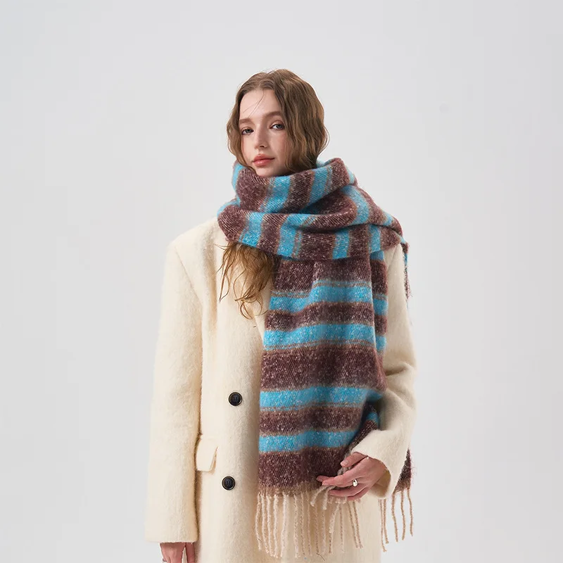 Winter Thickened Scarf Striped Colorful Rainbow Kawaii Mohair Cashmere Scarf with Tassel Winter Warm Soft Lovers Accessories