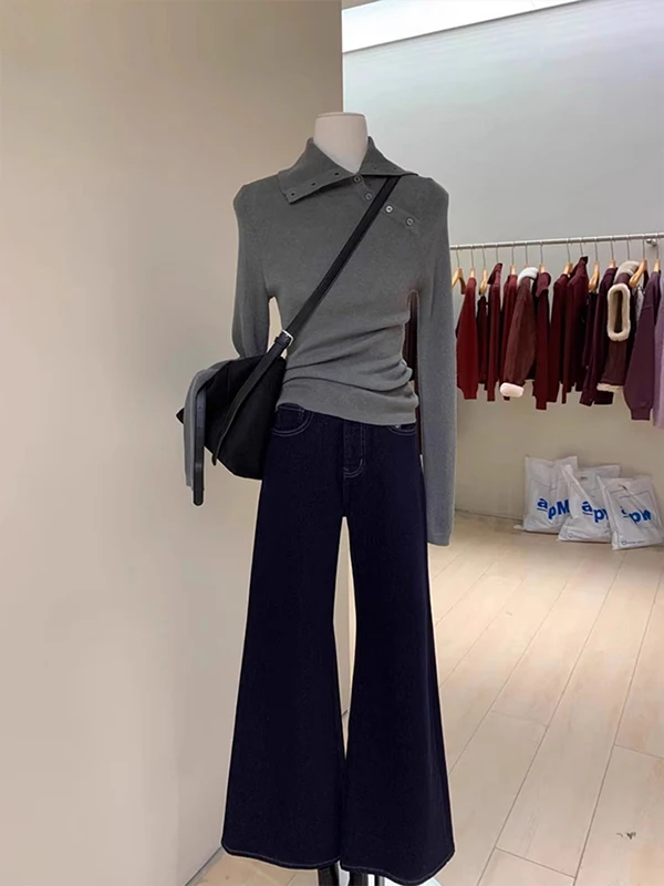 Gele onregelmatige ort kraag ontwerp gebreide top f hoge kraag lange Sve Base irt innerlijke slijtage voor dames vroege herfst