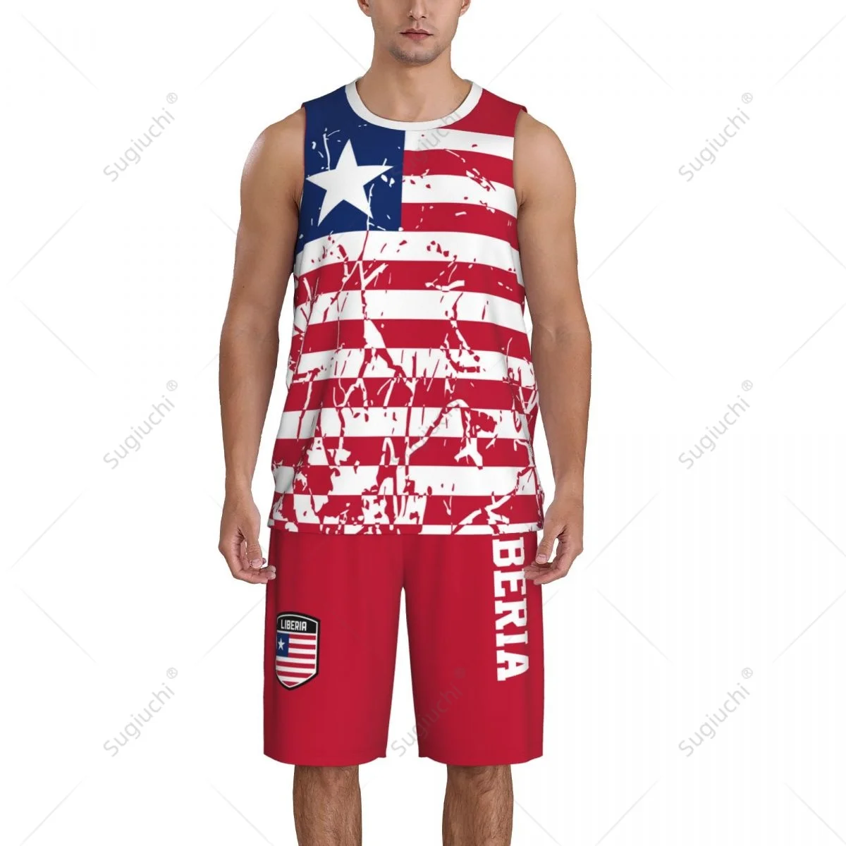 Team-up Liberia Flag Grain Men Basketball Jersey Set Shirt & Pants Sleeveless Custom Name Nunber Exclusive