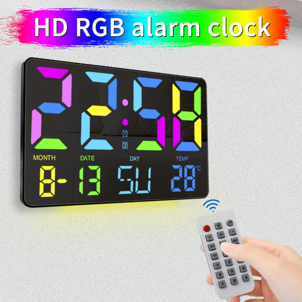 

TS-5310 Digital RGB Wall Alarm Clock Large Screen Mirror Clock 5 Gear Brightness Adjustable with Date/Week/Temperature Display