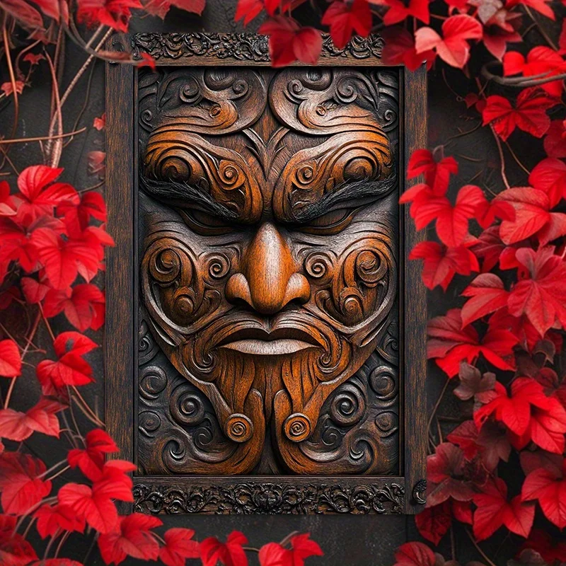 Aluminum Wall Art Decor - Maori Tiki Mask Metal Sign for Bathroom, Bedroom, and Dining Room, Weather-Resistant Vintage Tin Décor