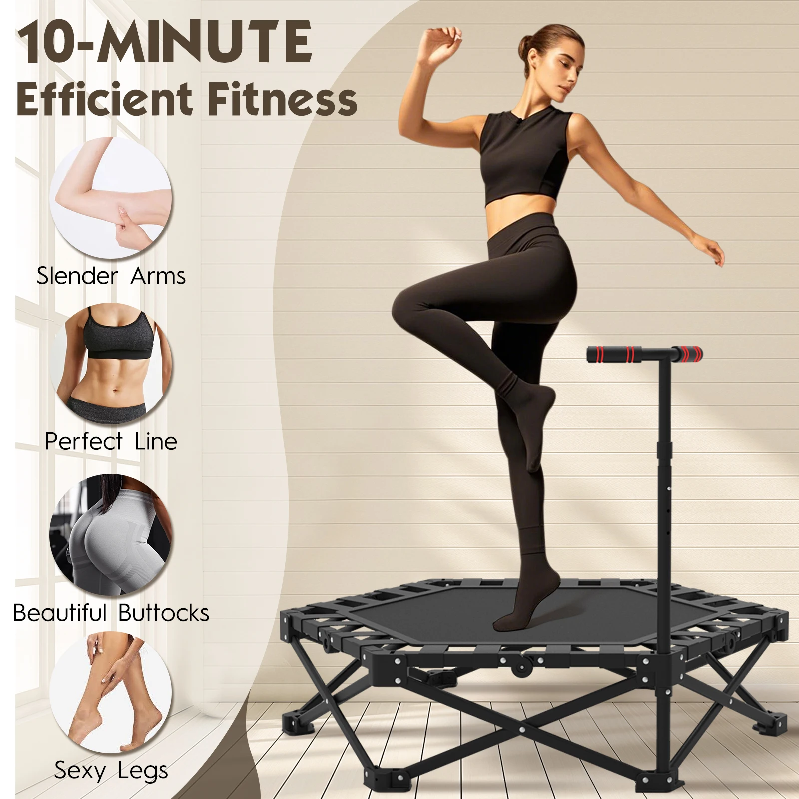 Obrázek 7: Skládací halové fitness trampolína s nastavitelný handle-stable, skromný pro celý ages, 600kg nakládat, 106cm průměr, 113cm vysoký