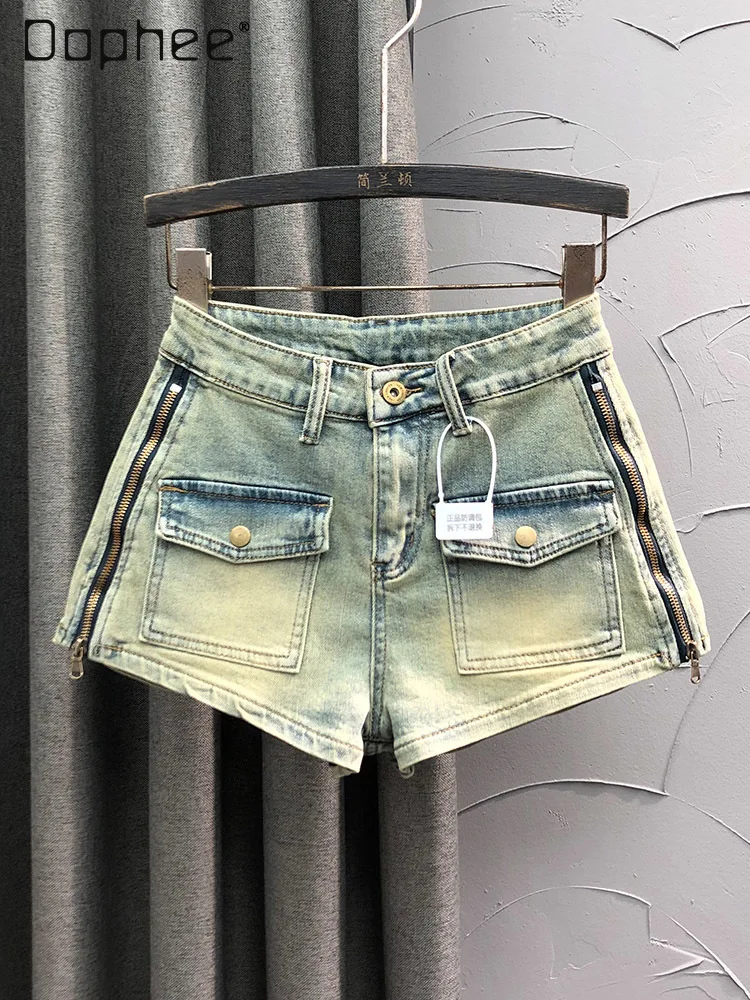 

Women's Jeans Shorts Blue Summer Vintage Y2k Side Zipper Flap Pockets Al Line Hip-wrapped Hot Pants Streetwear Denim Shorts