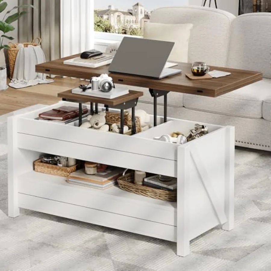 Farmhouse Lift Top Coffee Table with 2 Storage Drawers Rustic Center Table with Large Hidden Storage Compartment Coffee Table C