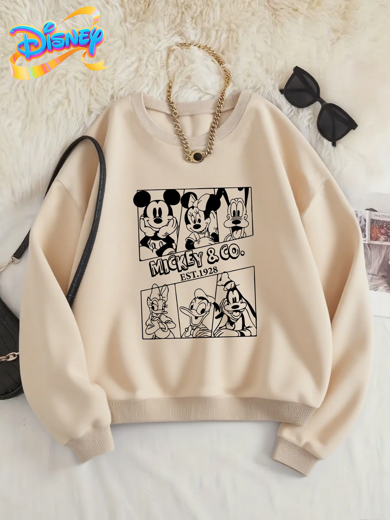 ديزني 2026 جديد زوجين ميكي ماوس المزاج طباعة الخريف/الشتاء الاتجاه المرأة المتضخم تنفس كم طويل طاقم الرقبة