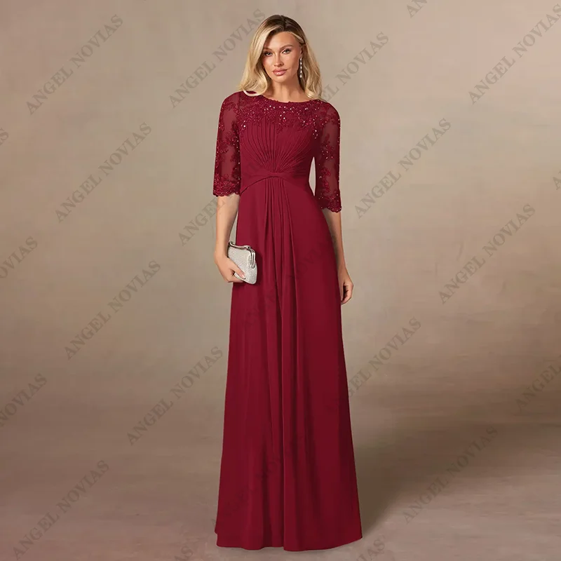 Vestido vermelho longo do chiffon com mangas meia para a mãe da noiva, vestido de festa de casamento para as mulheres