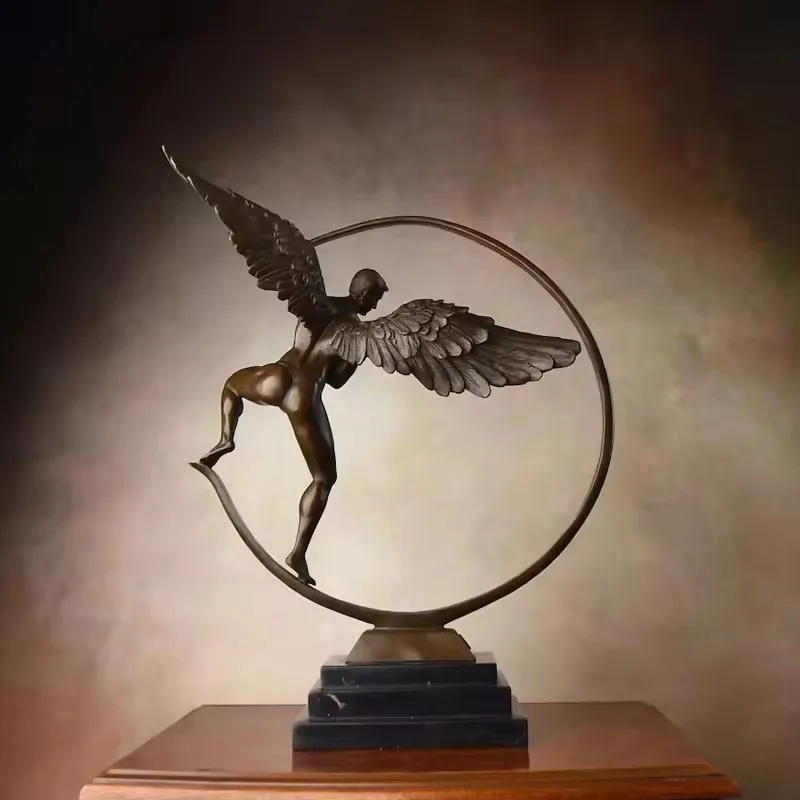 

Bronze Angel Winged in Ring Statue Western Myth God Statue Antique Sculpture Art Living Room Decor Ornament