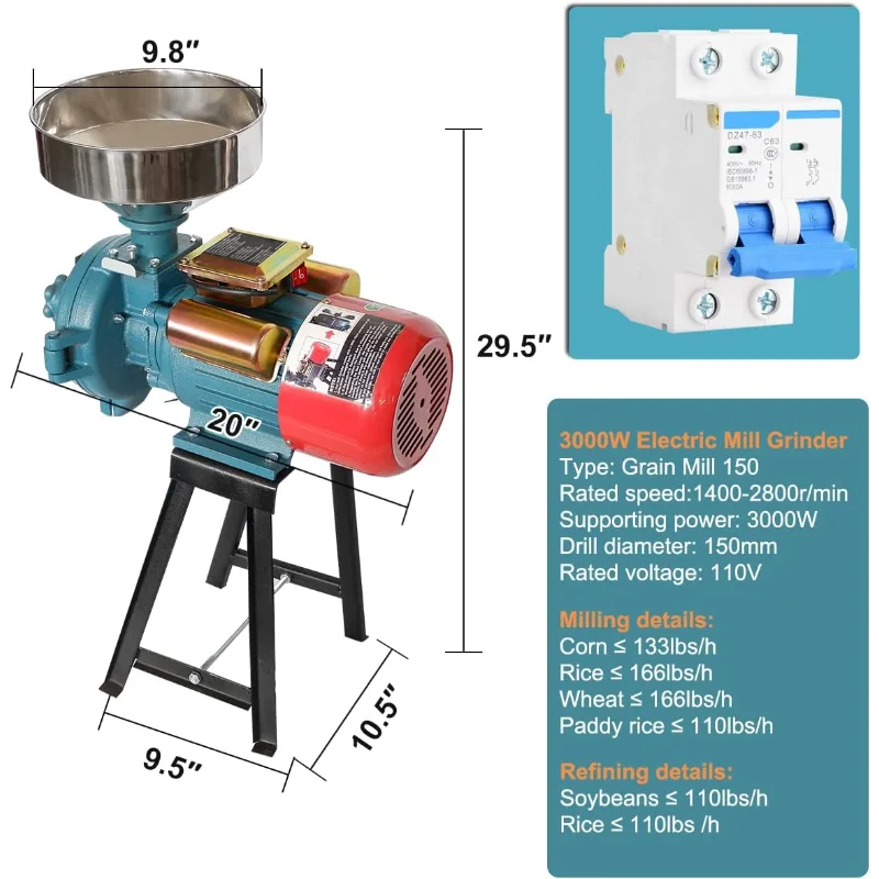 مطحنة الحبوب الكهربائية الرطبة والجافة بقدرة 3000 وات من أبورون - آلة طحن الذرة والقمح والأرز |   مطحنة الدقيق |   مولينو دي مايز إليكتريكو