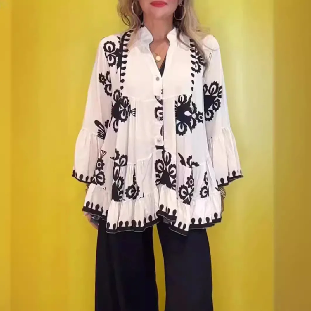 Dames Blouse Onregelmatige Print V-Hals Lange Mouw Knoop Uitlopende Mouw Ruches Shirt Losse Comfort Casual Mode 2024 Nieuw