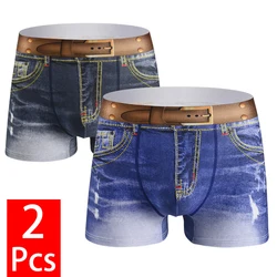 2 pçs/lote homens denim roupa interior 3d sexy boxers jeans estilo shorts impressão algodão respirável cuecas masculinas u convexo bolsa cuecas