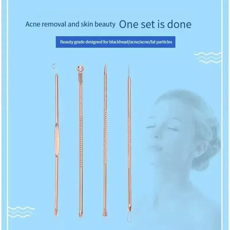 Rose Gold 4 Pcs Plating Double Head Acne Needle Black Head Removal Needle Portable Beauty Tool Set