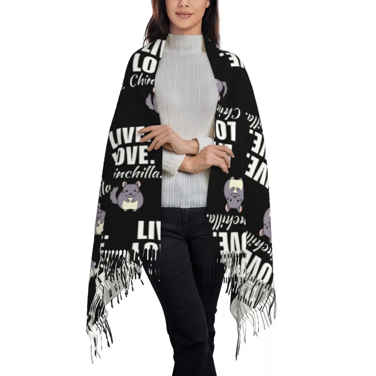 Live, Love, Chinchilla. Funny Chinchilla Scarf Tassel Scarves for Women Soft Warm Shawls and Wraps Long Fall Winter Shawl Wrap