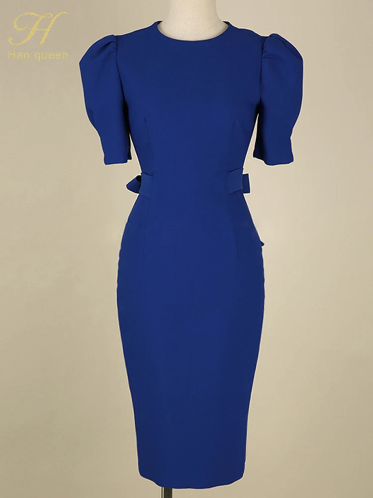 Hot sale Summer Sheath Pencil Dress Simple Formal Office Lady Work Elegant Blue Solid Puff Sleeve Lace up Slim Party Dresses