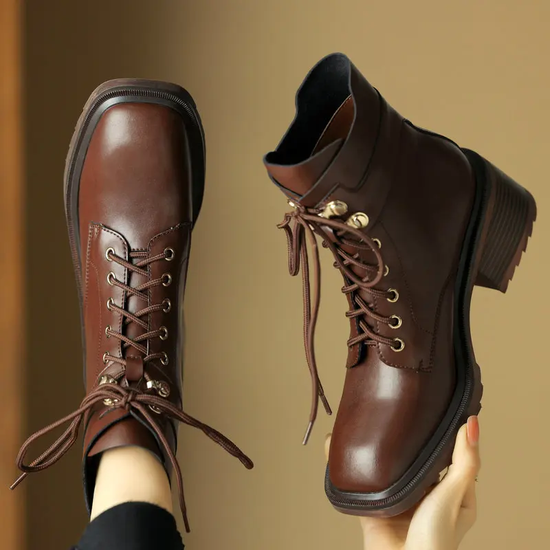 

2024 Brand Woman Ankle Boots Autumn Winter Genuine Leather Lace Up High Heels Party Office Lady Shoes Woman