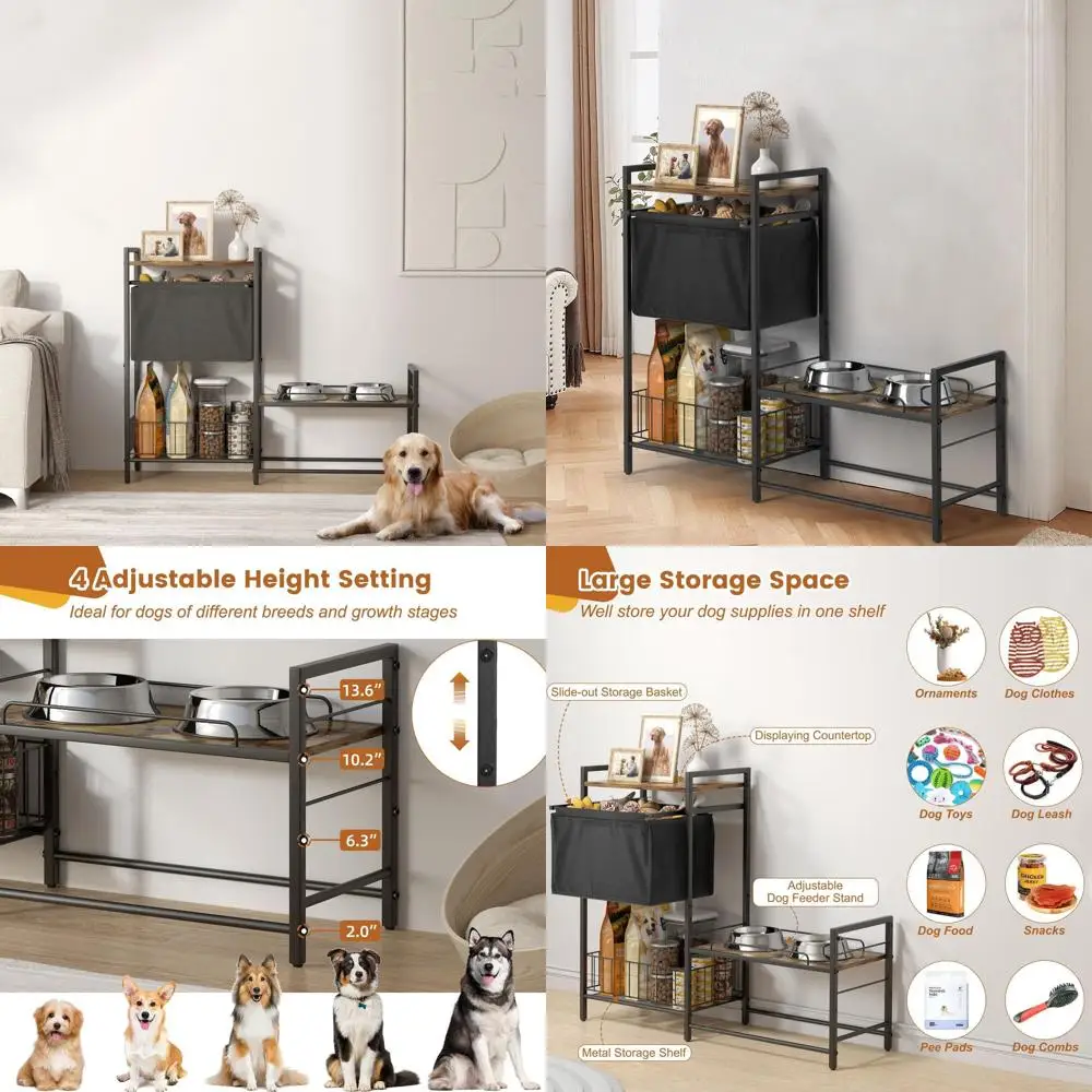 

Adjustable Height Dog Bowl Stand with Storage Bin, Feeding Station for All Size Dogs