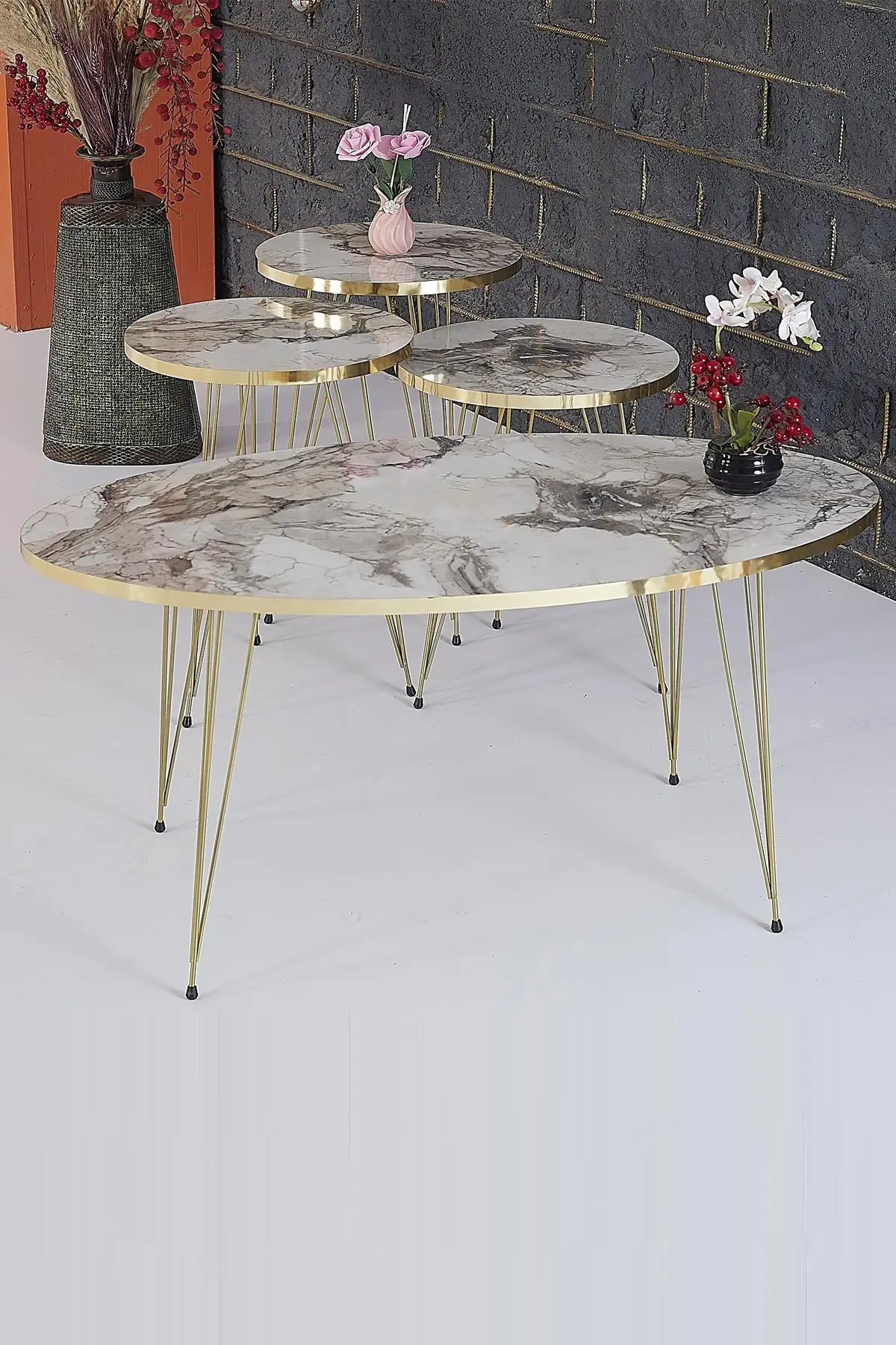 

DOLBOVI Rupon Home 3 PCs Zigon Medium Coffee Table Set Ellipse Ephesus Marble Patterned Gold Metal Leg Coffee Table