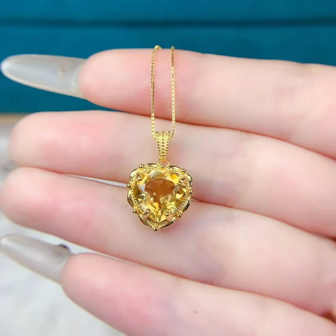 Romantic 925 Silver Heart Pendant for Wedding 10mm 3ct Natural Citrine Pendant 18K Gold Plated Citrine Sterling Silver Necklace