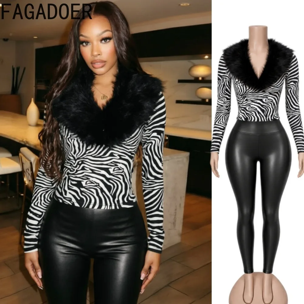 FAGADOER Women's Zebra Print 2 Piece Outfit Faux Fur Deep V Neck Long Sleeve Top High Waist Leggings Nightclub Party Tracksuit
