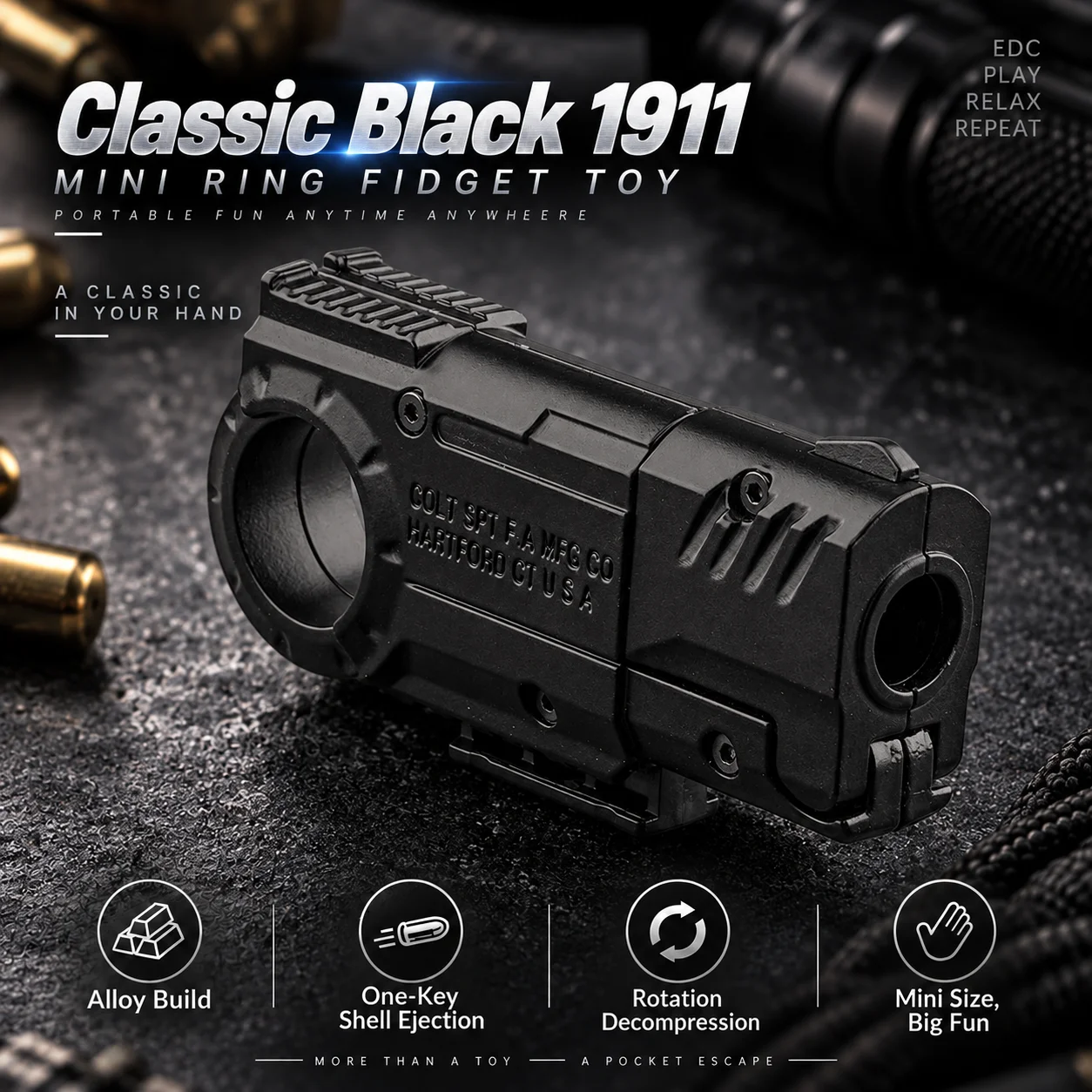 2-in-1 EDC Metal Fidget Spinner Push Slider Toy, 1911 Style Mini Ring Pistol with Shell Ejection, Portable Stress Relief Toy
