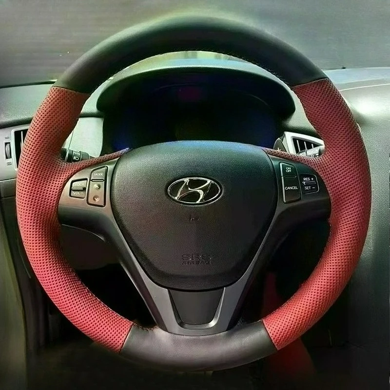 Hand-stitched renovation wear-resistant Non-slip black burgundy leather steering wheel cover For Hyundai Famous image 2014-2019
