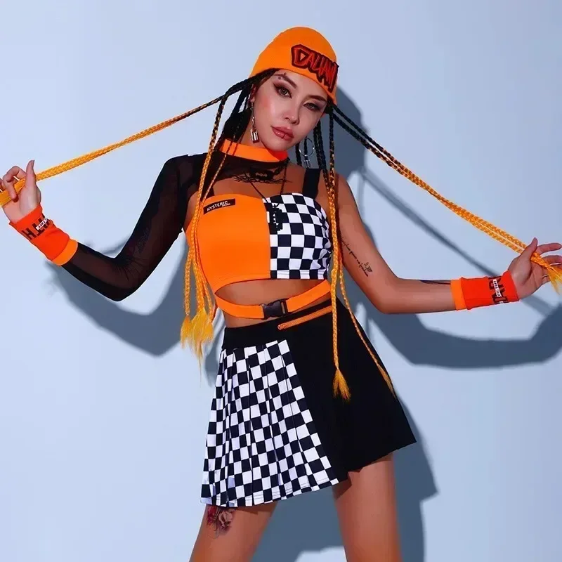 

Orange Kpop Stage Outfits Street Dance Costume Hip Hop Festival Clothing Girl Group Jazz Rave Gogo Checker Crop Top Skirt Pants