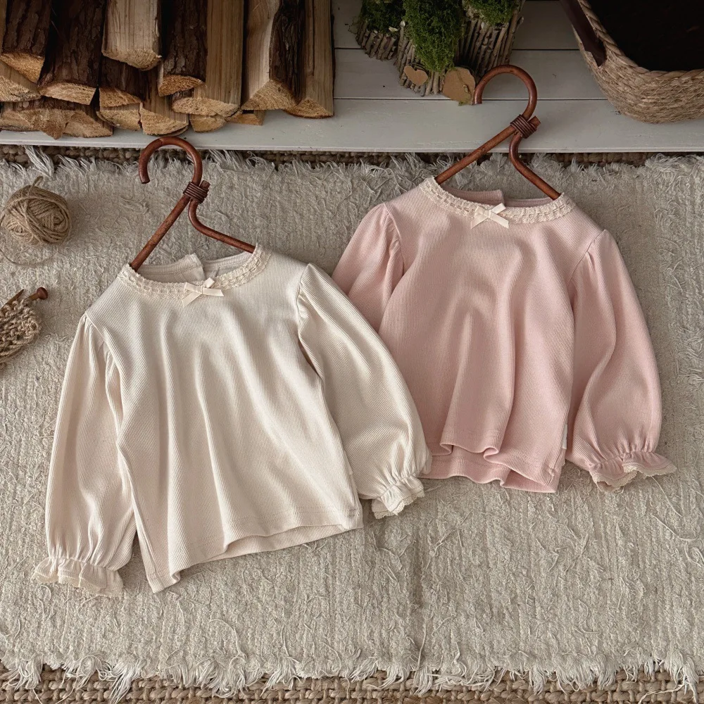 Girls T-shirt 2026 Spring and Autumn New Children's Wear Baby Girls Lace Bow Stand Collar Pit Long Sleeve Underlay Shirt