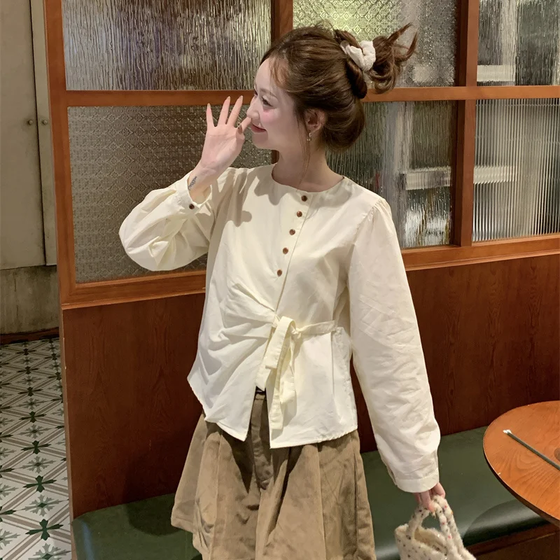 

Long Sleeve Shirts Womens Striped Buttoned Blouses Lantern Sleeves Pleated Hem Minimalist Preppy Feminine Aesthetic French Style