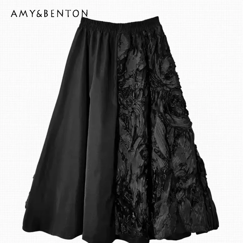 

2025 Autumn Winter New Y2k Black Women's Skirt Vintage Design Sweet Cool Long Design Loose Heavy Embroidery Midi Skirts Ladies