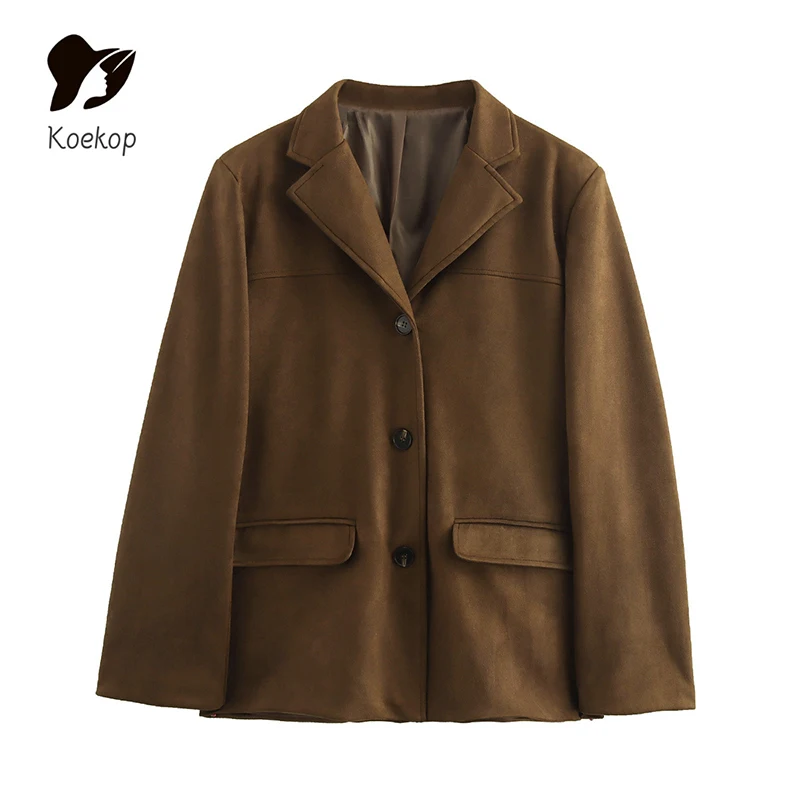 Koekop Women\'s Fashion Solid Color Lapel Single Breasted Blazer Vintage Casual Temperament Chic Lady Loose Jacket