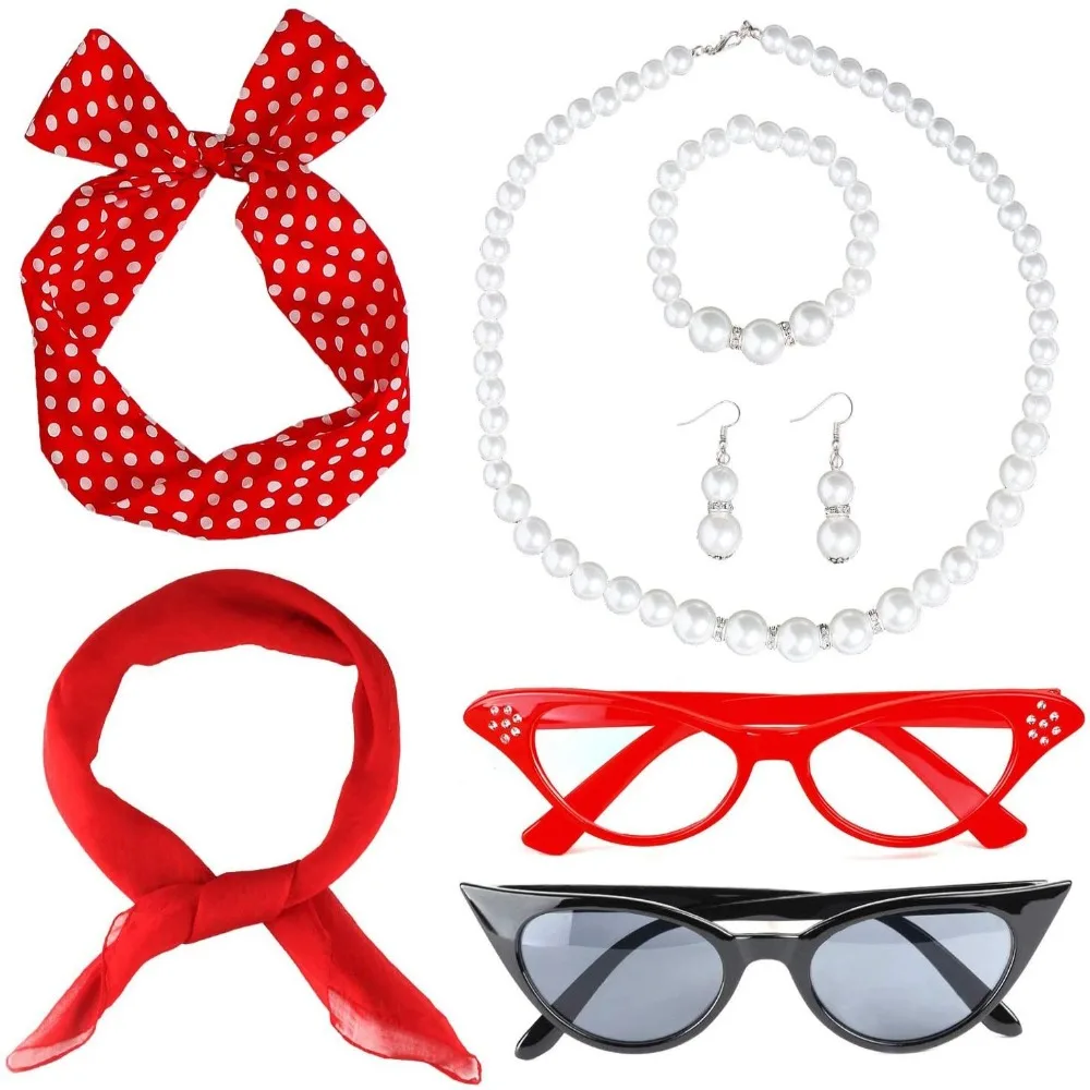 PESENAR "إكسسوارات الأزياء القديمة في الخمسينيات: منقطة، أنماط حمراء وسوداء، مثالية للحفلات ذات الطابع العتيق."