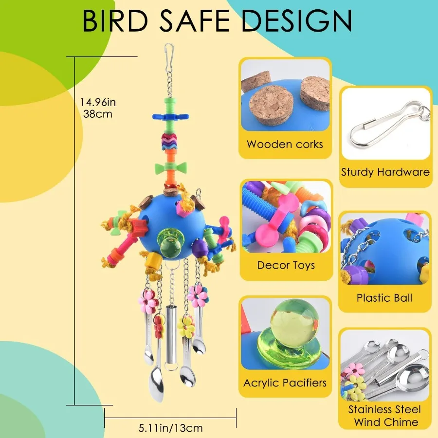 Bunter Acryl-Ziehlöffel, Vogelspielzeug für Papageien und kleine Vögel, langlebiges Kauspielzeug, ideal für Papageien, afrikanische Graupen, Conures Ca