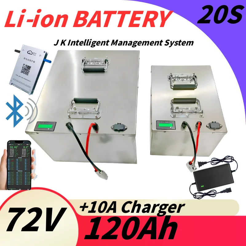 waterproof li ion 72v 120Ah  battery 100 BluetoothBMS for 7000w 6000W bike tricycle Forklift Motocycle AGV +10A charger