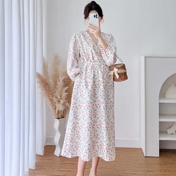 Spring and Autumn Popular Pregnant Women's New Printed Dress Long Lantern Sleeve Cross V-Neck Fashion Printing  Maternity Dress