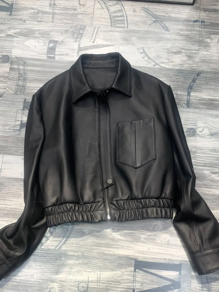 Spring New Women Sheepskin Genuine Leather Short Coat Turn-Down Collar Long Sleeve Zipper High Street Punk Motorcycle Jacket