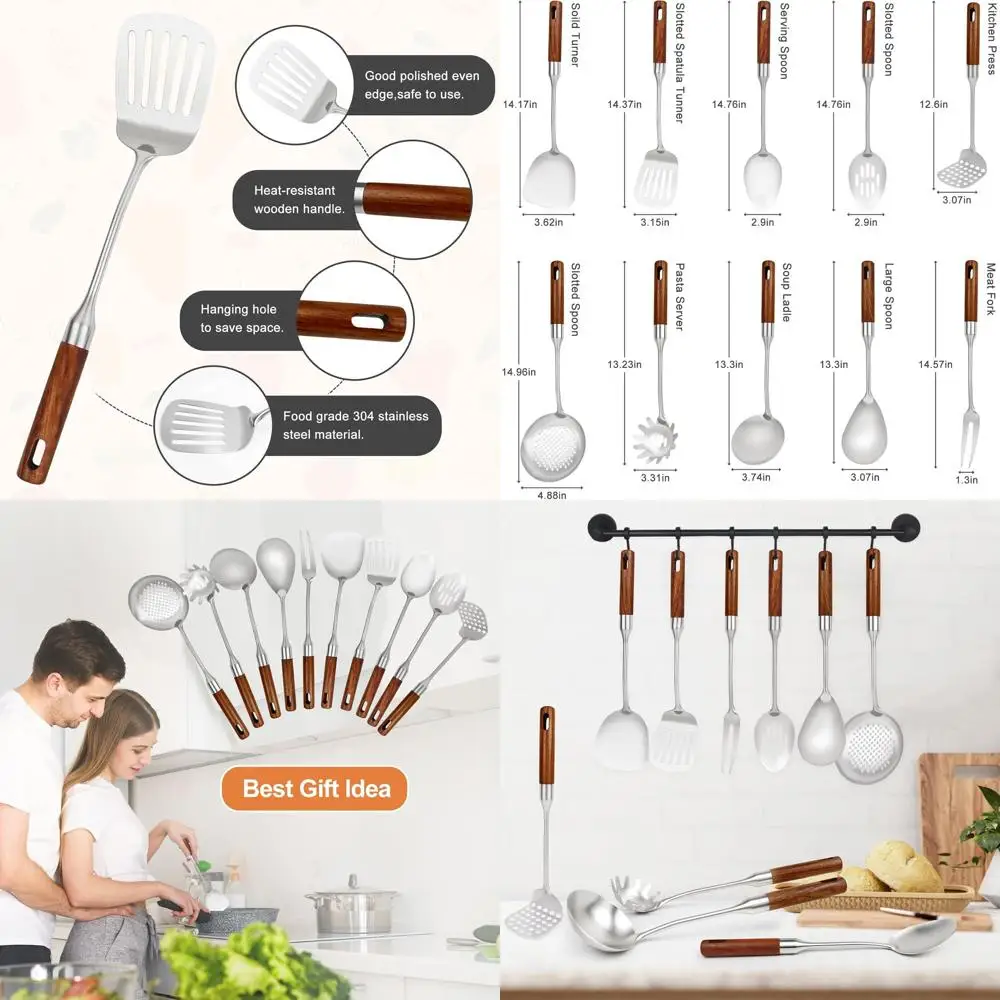

10-Piece Stainless Steel Kitchen Tool Set with Wooden Handles, Heat Resistant Cooking Utensils for Wok (12-15in)