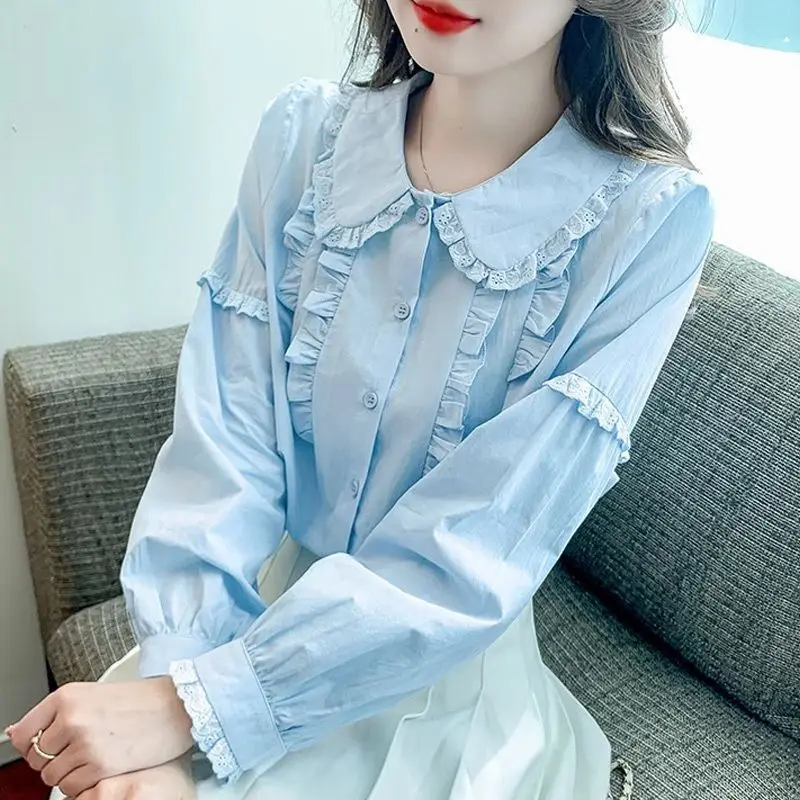 

Large Size Long Sve irt Men's Patchwork Pleated Design Ear Musoom Lace Trim Spring Autumn Casual Loose Fit Faion