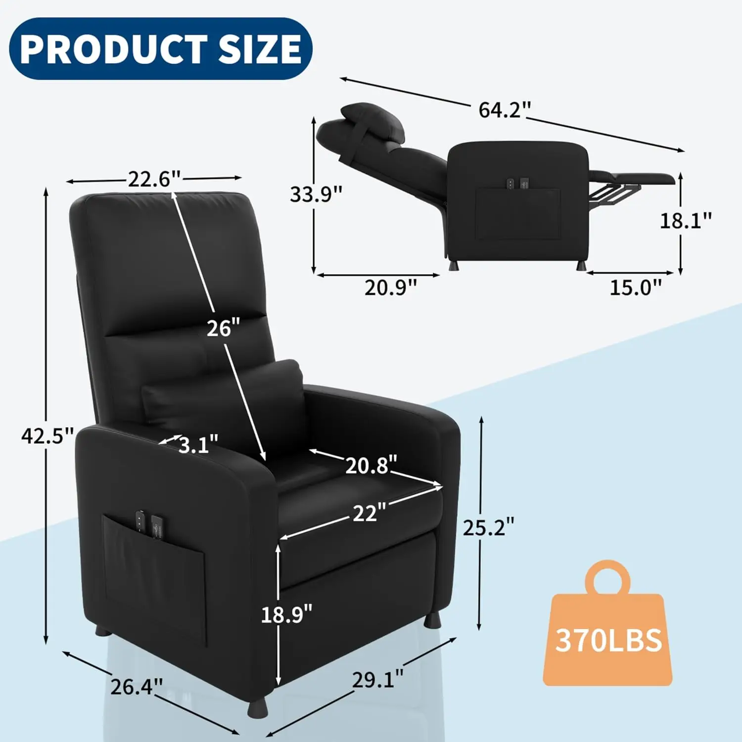 Electric Power Recliner Chair with Heat and Massage, Adjustable Ergonomic Overstuffed PU Leather Single Sofa, Home Theater Seating with USB Port and 2 Side Pockets for Living Room