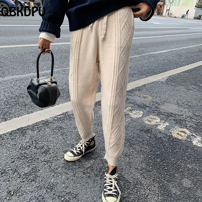 Casual Warm Knitted Harem Pants Women High Waist Stretch Knitwear Pantalones Ankle Length Sweatpants Fall Winter Baggy Trousers